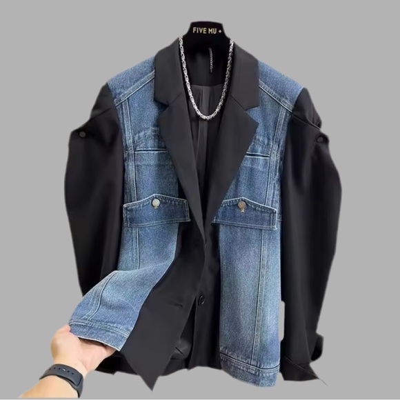 NEW WOMENS DENIM PATCHWORK BLAZER - Picture 1 of 5
